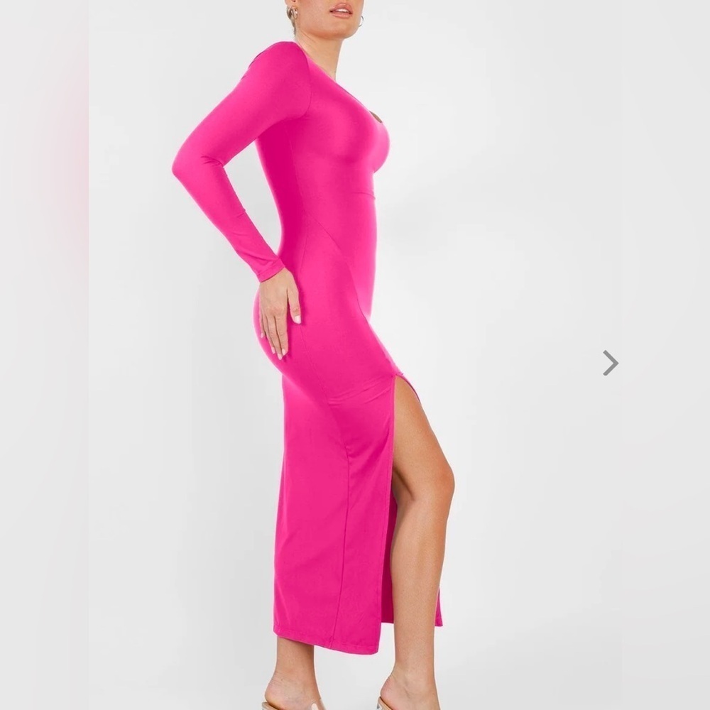 POPILUSH Shapewear Long Sleeve V-Neck Low Back Slimming Maxi Dress - Picture 2 of 8